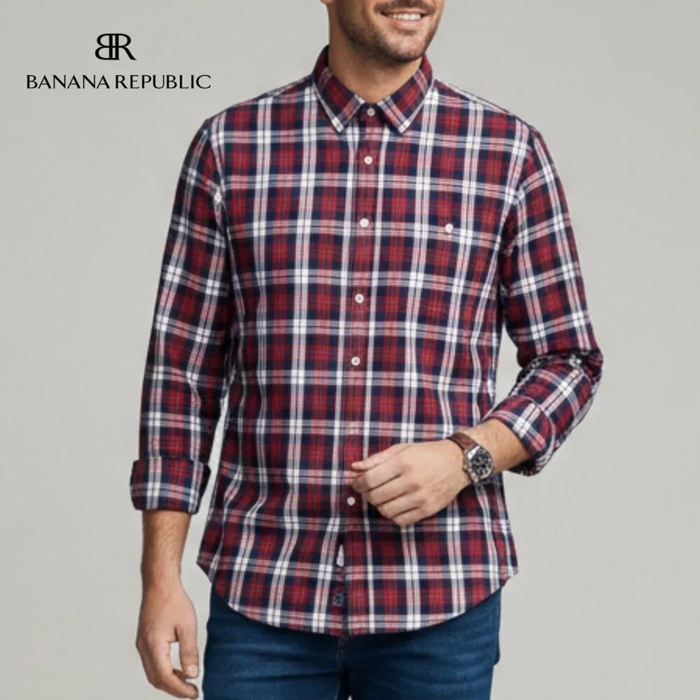 Banana Republic Slim Fit Plaid Shirt Mens Large L Red Navy White Button Down LS